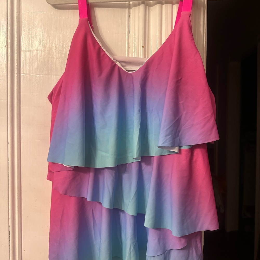 Gradient Pink and Blue Women's Swimsuit with shorts style bottoms.